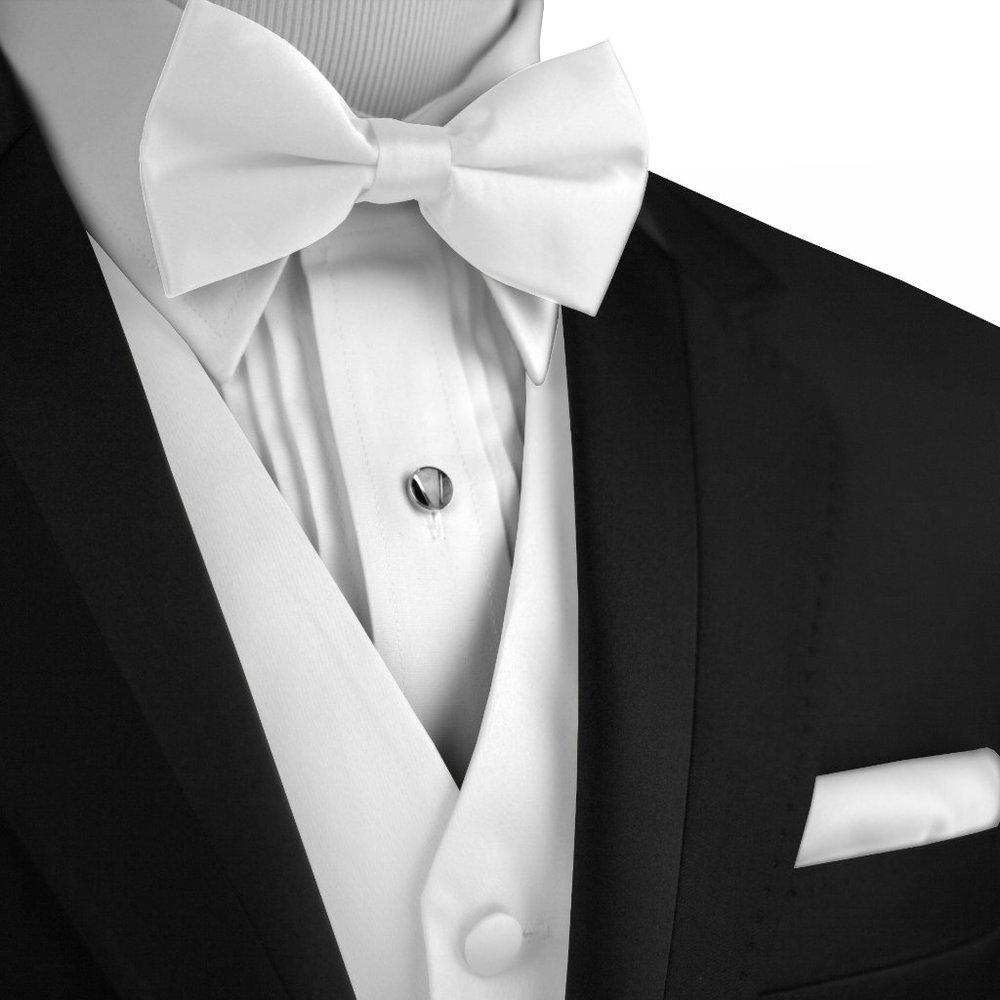 Men's Formal Wedding Prom Homecoming Tuxedo Vest Bow-Tie Hankie - White Satin